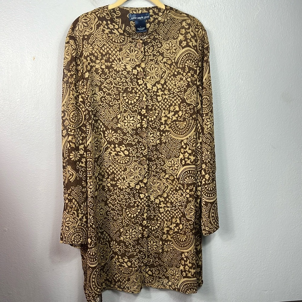 Susan Graver Style Sheer Brown & Tan Floral Print Button Front Long Topper Large
